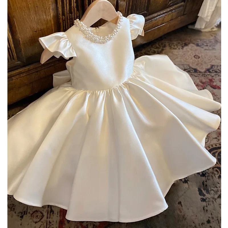 Trendy Satin Princess Dress Puffy Skirt Baby First Birthday Dress Girl Birthday Dress Korean Style Flower Girl Dress Spring