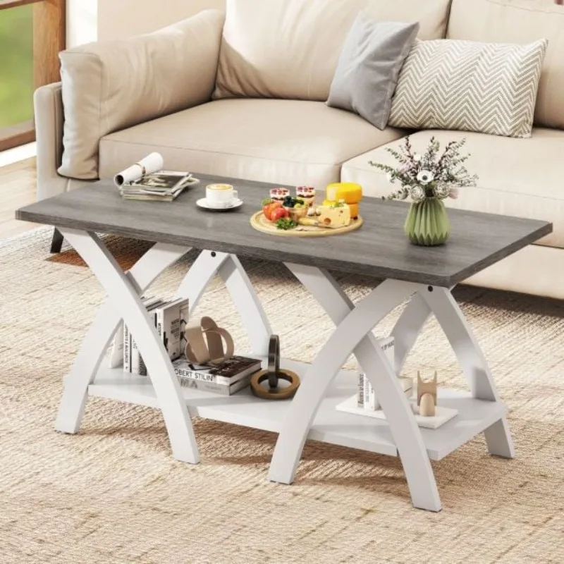

40 Inch Farmhouse Wooden Coffee Table with Storage Shelf with X-shaped Legs-Gray
