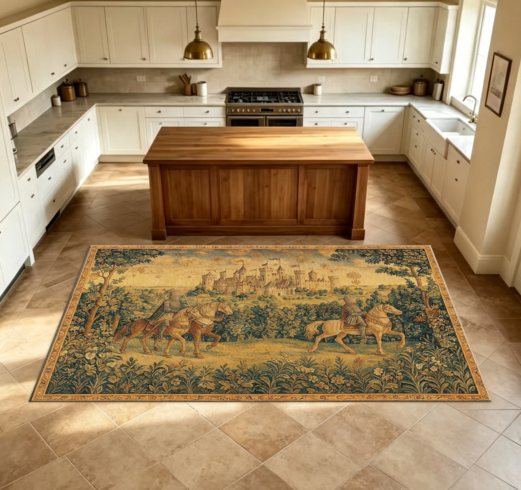 Medieval Knight Castle Tapestry Style Carpet, Vintage European Ancient Castle Knight Non-Slip Rug, Suitable for Study Room Home Decoration