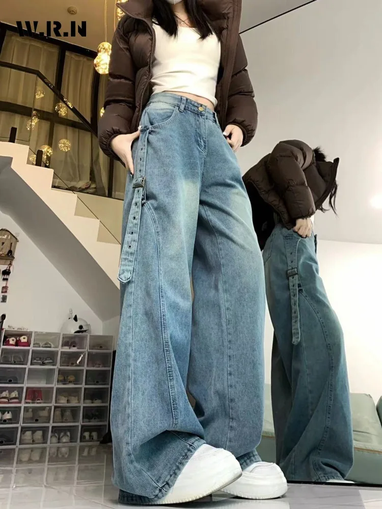 

Y2K Baggy Japanese 2000s Belted Design Denim Trouser Women's Washed Vintage Casual Pants Female Retro High Waist Trashy Jeans