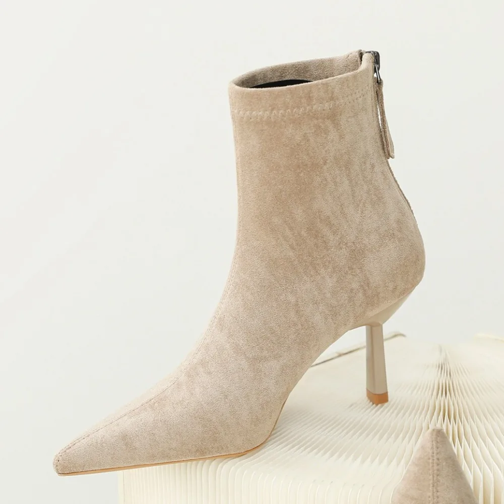 أحذية نسائية من جلد الغزال للخريف والشتاء أحذية نسائية جديدة بكعب عالٍ وسحاب أحذية نسائية قصيرة للمرأة #1