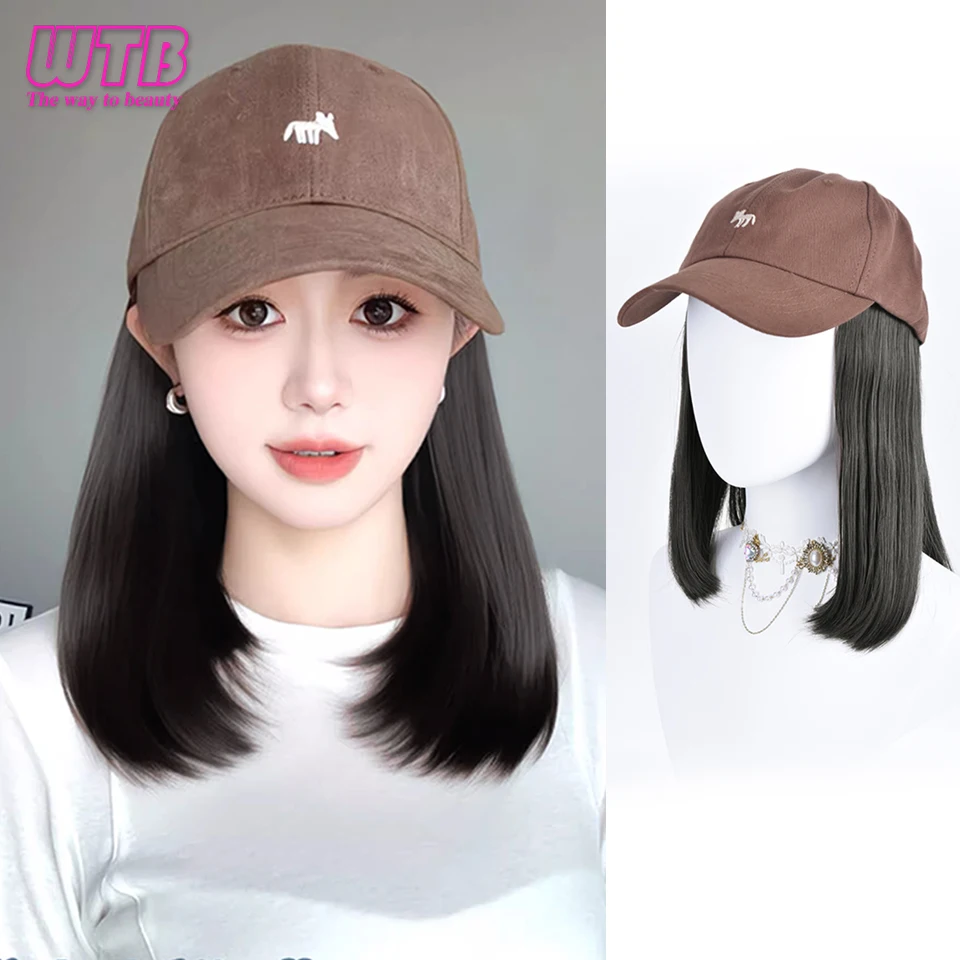 Topi Wig terintegrasi wanita, topi bisbol bordir huruf, topi gaya rambut Bob pendek, topi Wig Yang dapat disesuaikan untuk wanita dan anak perempuan