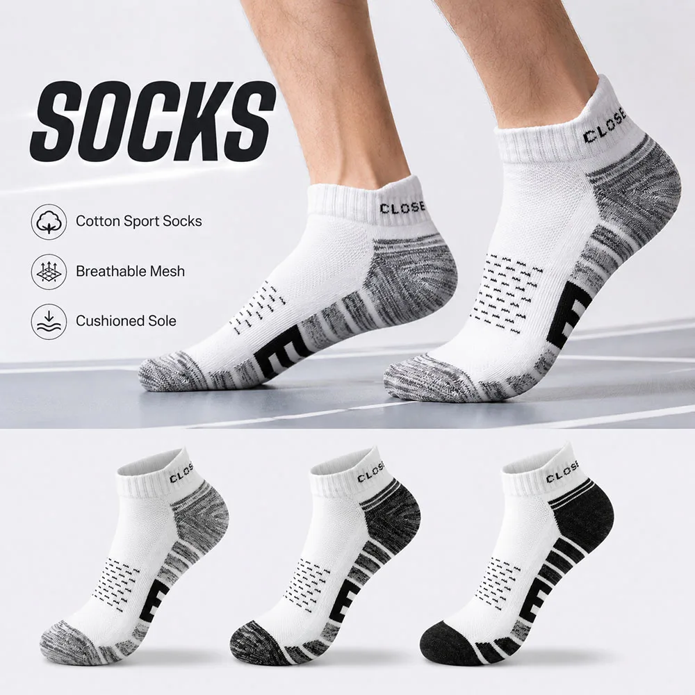 3/6pairs Men Ankle Sports Socks Cotton Cushioned Sole Athletic Socks Breathable Mesh Moisture Wicking Short Sock Shock Absorbing
