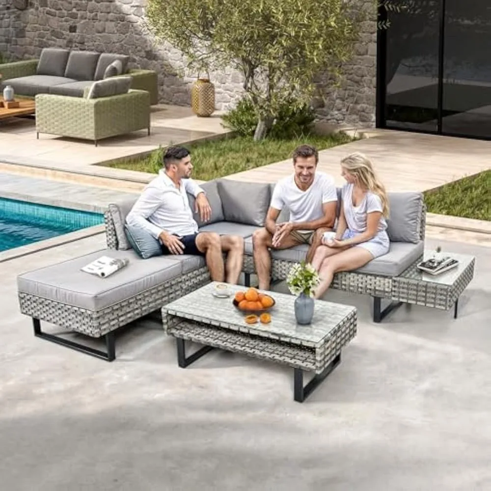 Patio Furniture Set, All-Weather Wicker Conversation Sectional L-Shaped Sofa with Coffee Table & Cushions, Detachable Lounger