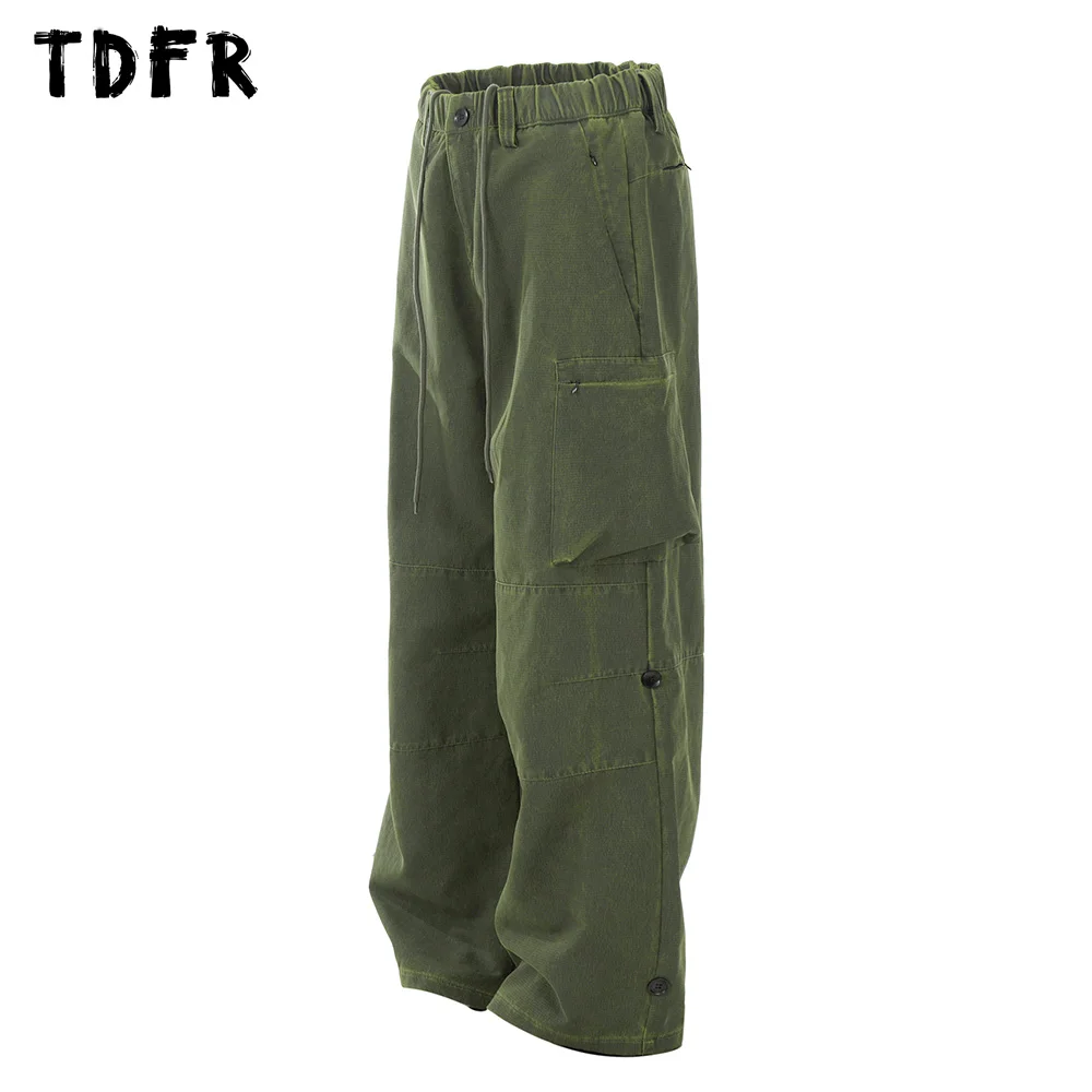 Adjustable Cargo Pants Mens Pocket Spliced Safari Style Elastic Waist Solid Color Wide Leg Trousers Men