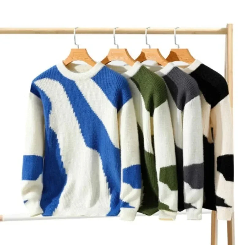 

Мужской пуловер с цветными блоками, свитер, осень-зима, модные вязаные свитера, мужской повседневный вязаный мужской свитер, пуловеры, топ