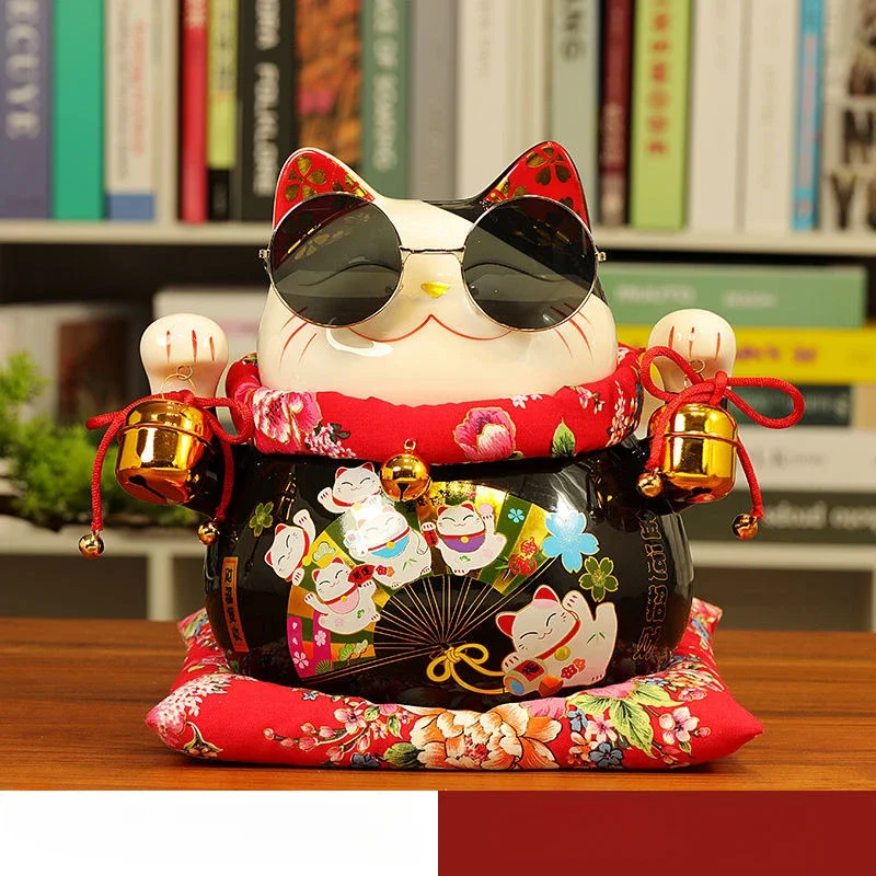 

10 inch Black Ceramic Maneki Neko Ornament Lucky Cat Money Box Fortune Cat Figurine Chinese Statue Piggy Bank with Bells