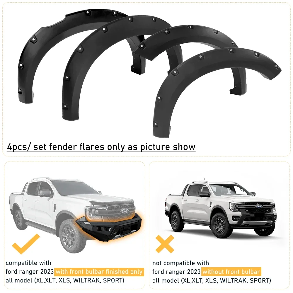 6'' Pocket Style Wheel Arch Guard  Fender Flares For Ford Ranger 2022 2023+ WILDTRAK SPORT XLT XLS XL With Front Bulbar 4PCS