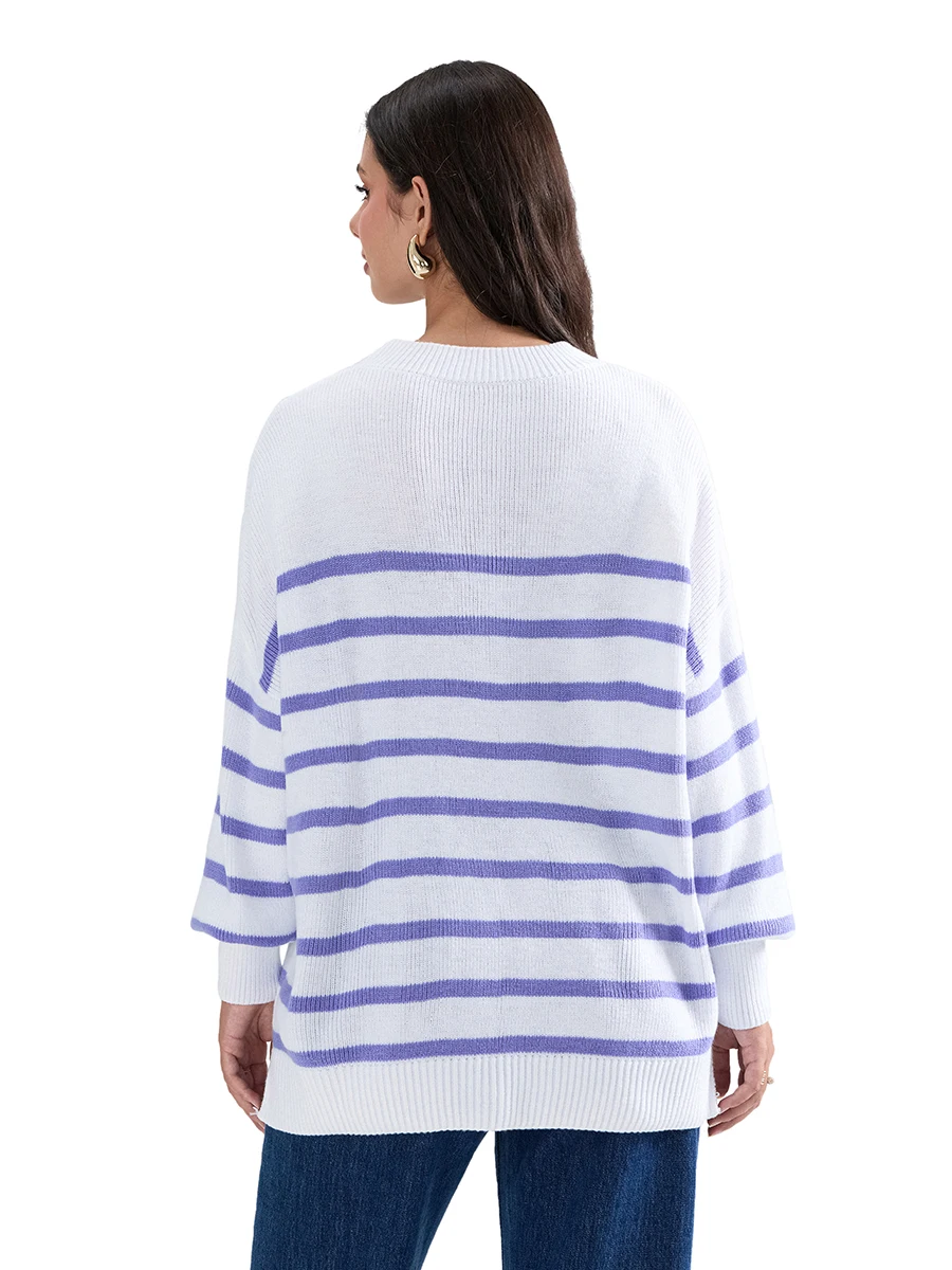 Women s Striped Sweater Drop Shoulder Long Sleeve Round Neck Slit Hem Loose Knitted Tops