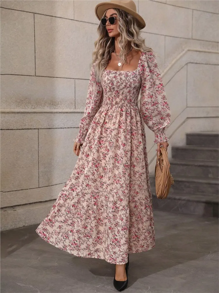 Women Autumn Fashion Floral Print Dress Spring Long Sleeve A-Line Backless Big Hem Lady Dresses Boho Elegant Beach Holiday Dress