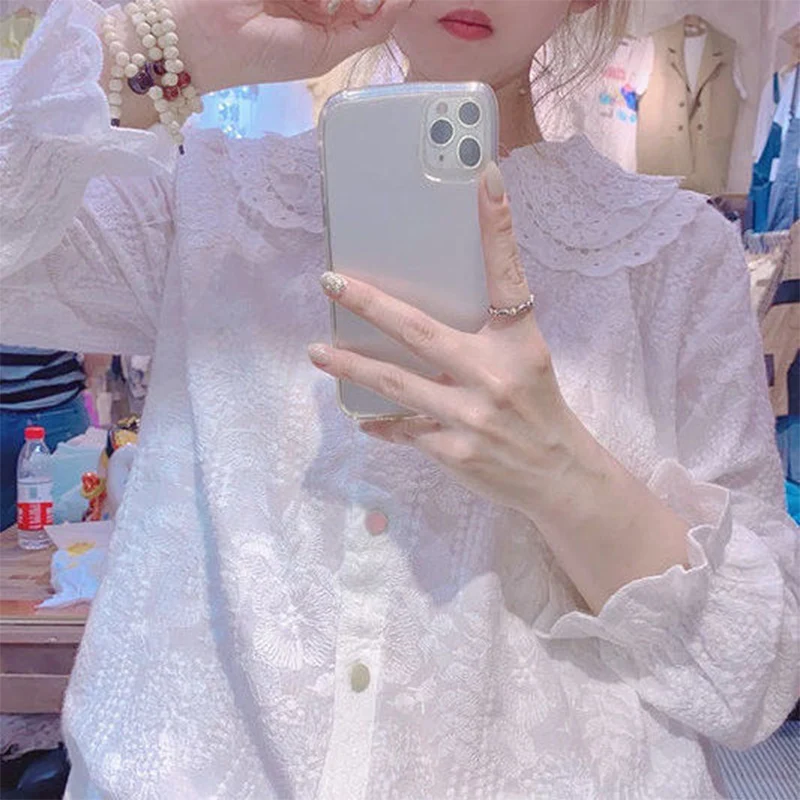 Spring Autumn Doll Collar White Embroidery Buttons Shirt Women Elegant Fashion Long Sleeve Sweet Blouse All-match Casual Blusa