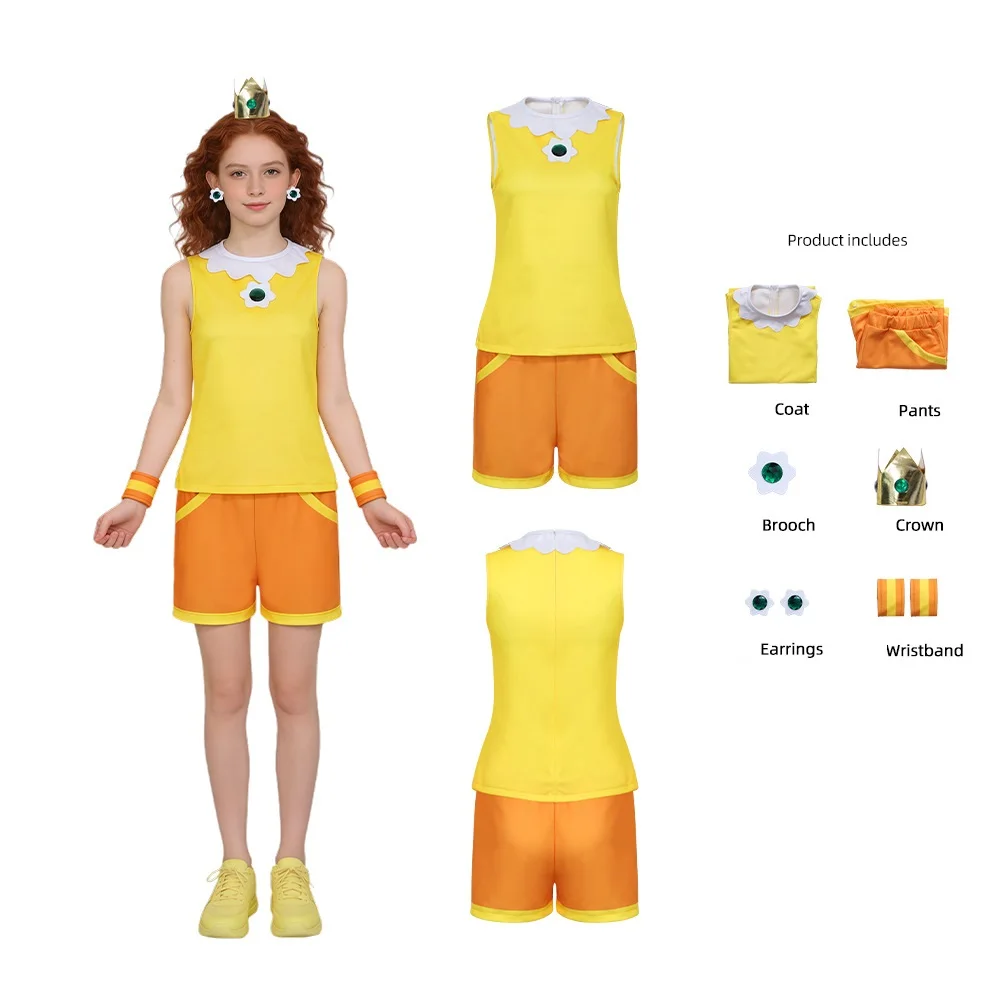 Princess Game Daisy Cotume Yellow Tennis Outfit Top Shorts Ear Clips Wristband Clown Halloween Cosplay Costume