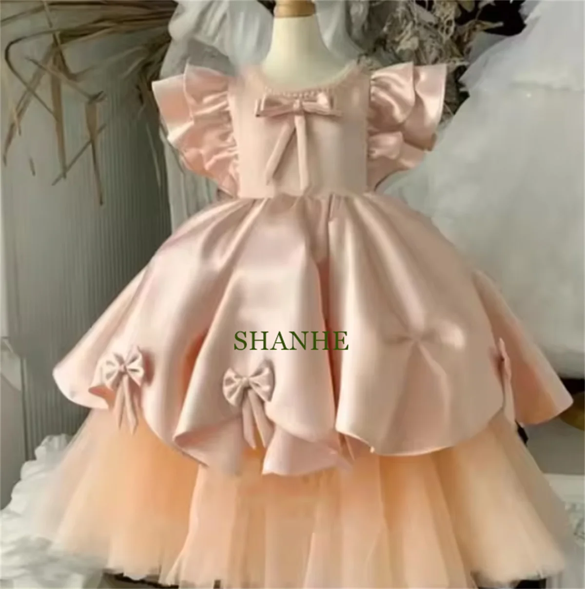 

CustomizedPretty Fluffy Princess Flower Girl Dresses For Wedding Satin Tulle Pageant Gowns Baby Girl Birthday Party Dress
