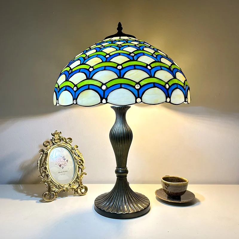 LongHuiJing 16 Inch Mediterranean Style Stained Glass Table Lamp Bedroom Retro Living Room Decorative Bedside Table Lamp