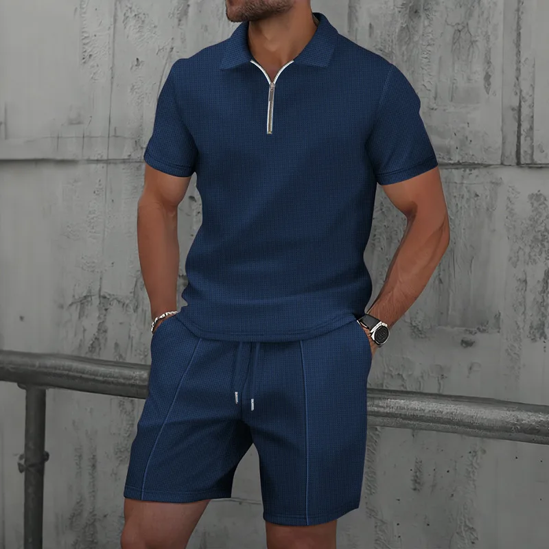 Men's Summer Waffle Texture Casual Set Half Zip Polo Shirt and Shorts 2 Piece Outfit Breathable Sportswear Jogging Gym Suit view 2