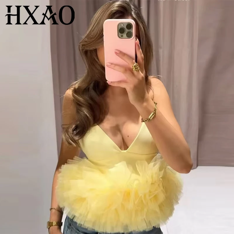 HXAO Gelbes Slip-Top für Damen, Sommer, 2025, elegante, abgeschnittene Mesh-Tops, schulterfrei, ärmellos, rückenfrei, niedliches elastisches Leibchen 066