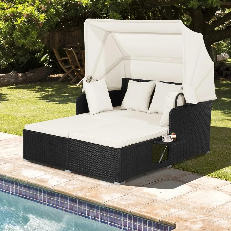 Salches Outdoor Daybed, Patio Daybed with Retractable Canopy, High-Resilient Soft Cushions, Foldable Side Trays