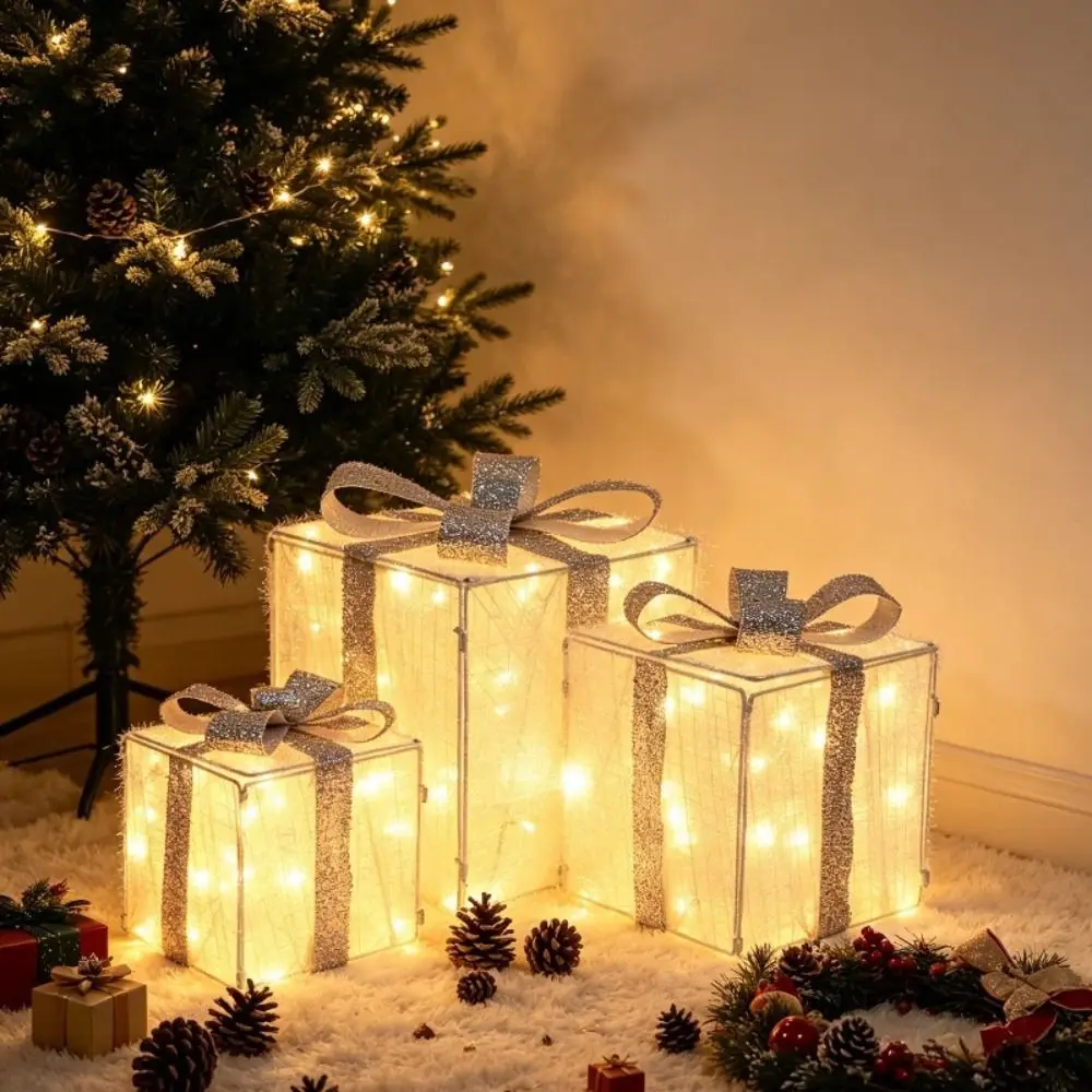 Set of 3 LED Lighted Christmas Gift Boxes Soft LED Lights Premium Lightweight Material Light Up Decorative Present Box Ornaments