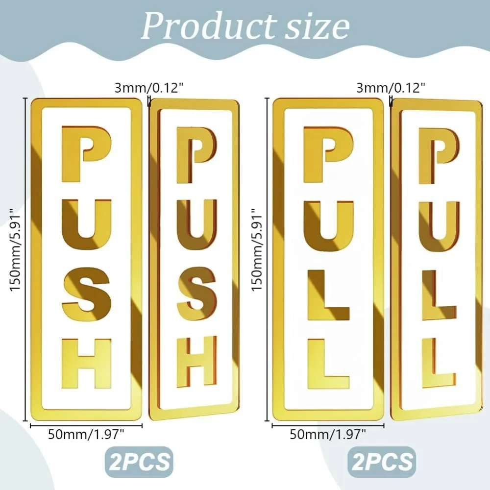 Fun Push Pull Door Sign 4Pcs-5.9 X 1.97 Inch-Self-Adhesive Door Entrance Signs Gold and White Sticker for Doors Shop Entrance