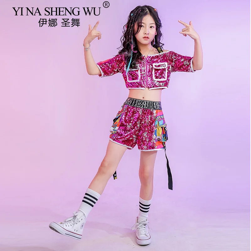 หญิงชุดเต้นรําแจ๊สเด็ก Hip-Hop Street Dance ชั้นวางกลองเสื้อผ้า Rose Sequins เสื้อกางเกงสั้นชุด