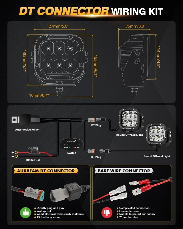 AUXBEAM 5 Inch 132W LED Driving Lights Spot Flood Combo Work Spotlights Pod Offroad LED DRL Lamp with DT Plug Wiring Harness