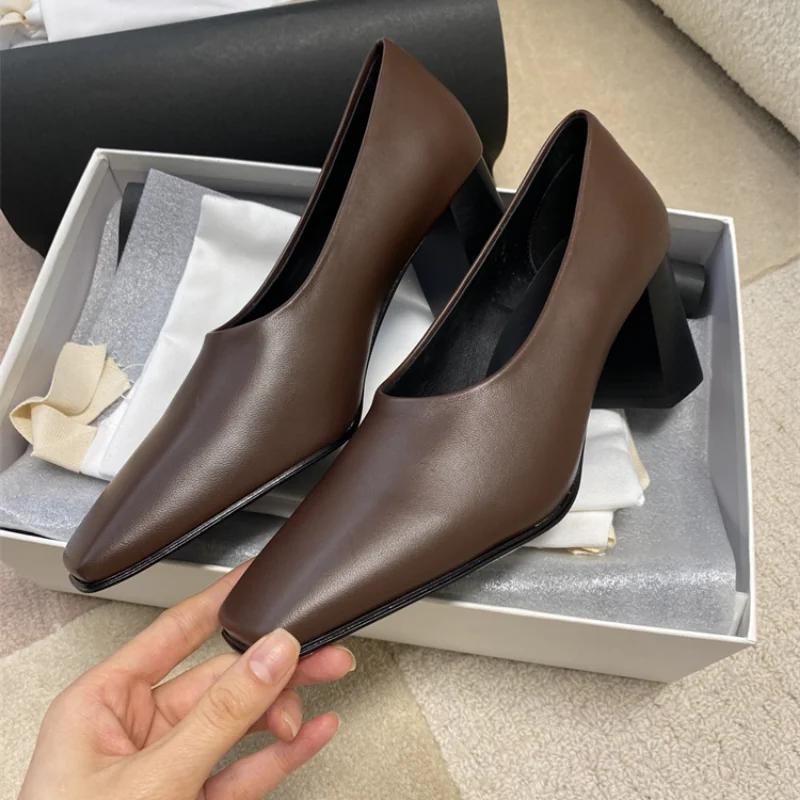 High-end Heels Sheepskin Square Head Shallow Mouth Fashionable High-heeled Shoes Chunky Heel Leather Shoes Women