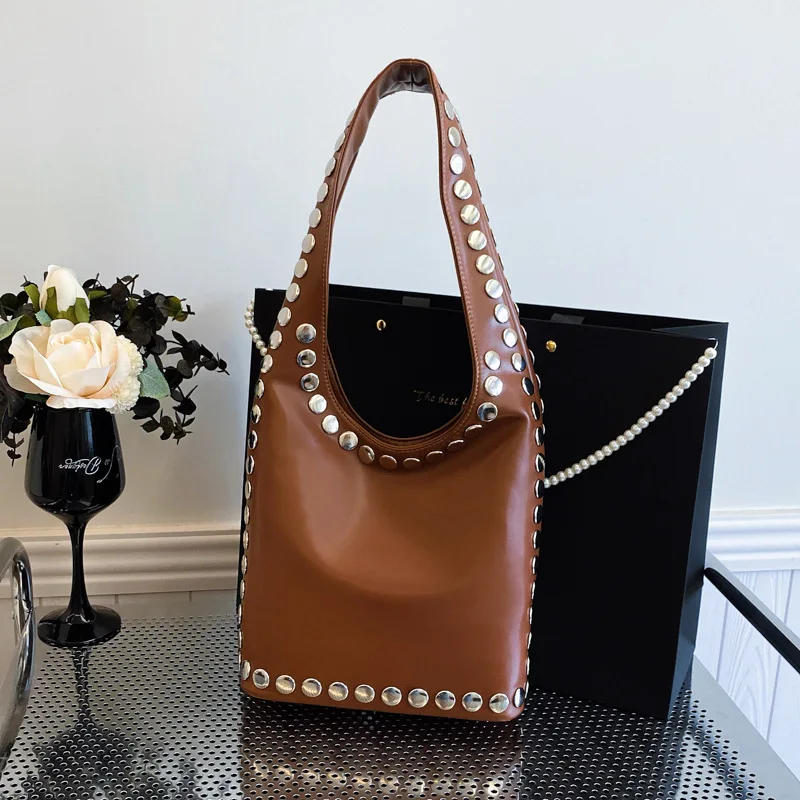 

Riveted Wasteland Tote - 2025 Biker Shoulder Bag, Aged Leather Sling Purse 15", Grunge Crossbody with Edge Studs