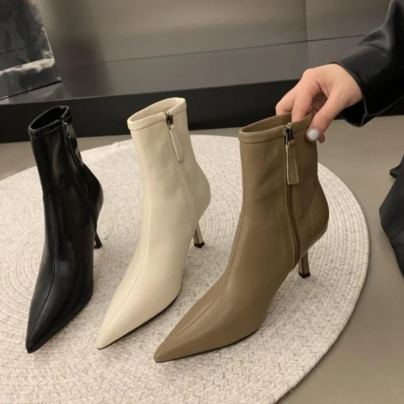 

Autumn Fashion Thin Heel Slim Ankle Boot Women Pointed Toe Zipper Shoes Mordern Short Booties Zapatos De Mujer