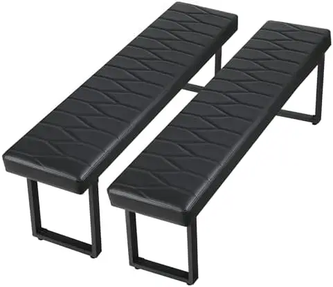 Black Faux Leather Dining Table Benches Set of 2, 58 Inch Padded Seats | Dining Room Bench, Extra Long Cushioned
