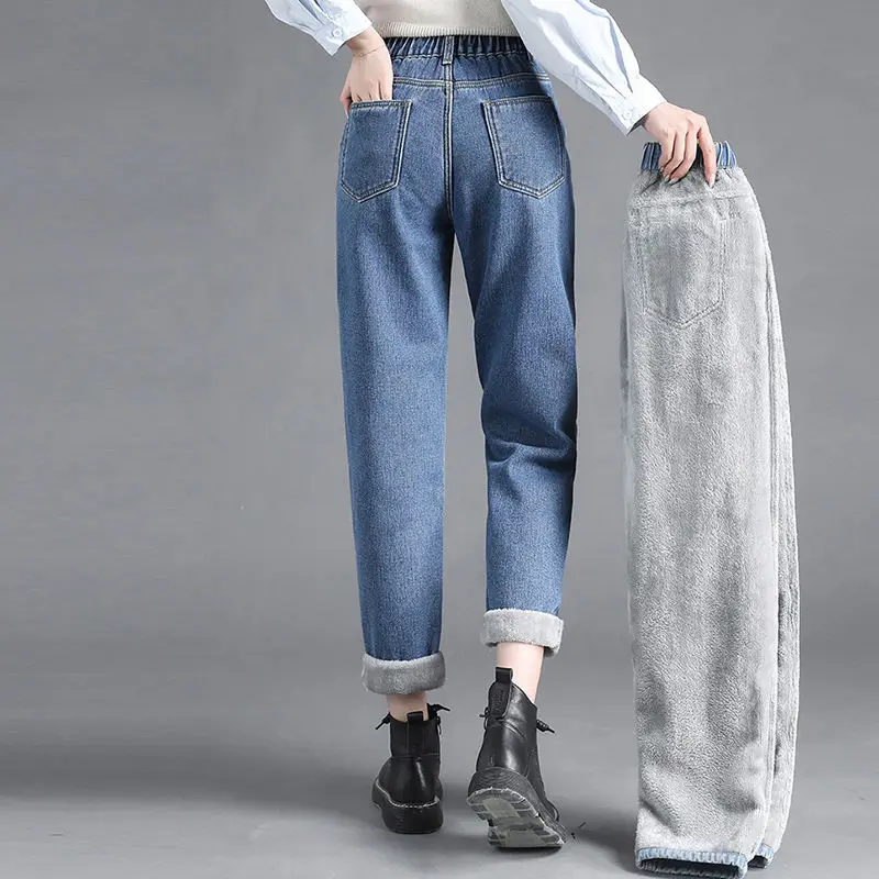 Plush and Thicken High Waisted and Loose Trousers Autumn Winter Korean Patchwork Button Versatile and Cotton Insulation Pants