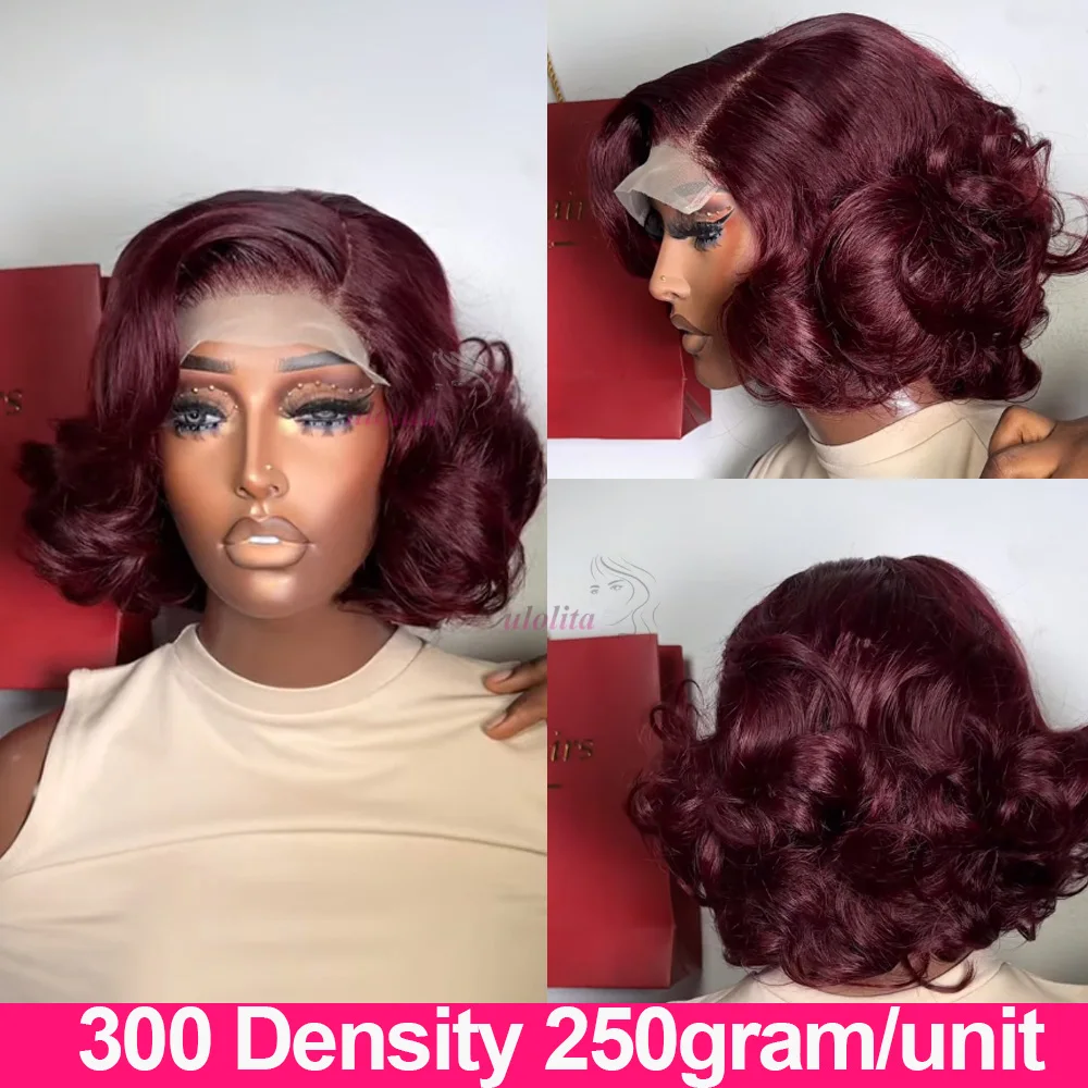 

99J burgundy 100% Raw Indian Virgin Hair Bouncy Wave 4x4 HD Lace Closure Wigs 12" Wear and Go Ombre Bouncy Curly Glueless Wigs