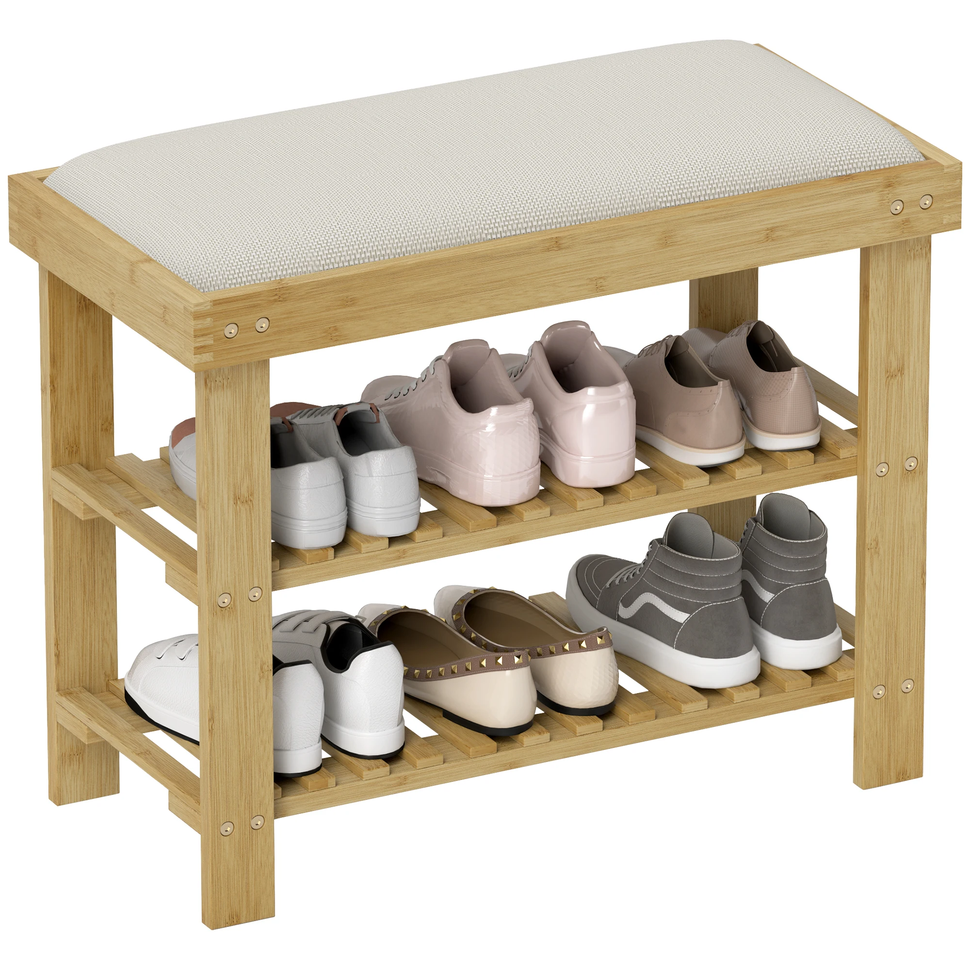 HOMCOM Bamboo Shoe Bench, 3-Tier Entryway Bench with Storage and Cushion, Shoe Organizer for Entryway, Hallway, Holds Up to 331 lbs, 23.6 x 11.4 x 19.3 Inches, Natural