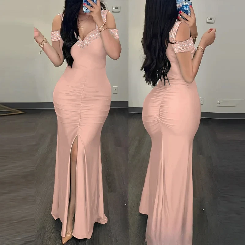 2025 primavera verão novas roupas femininas cor sólida com decote em v cintura fenda vestido plissado vestido sexy