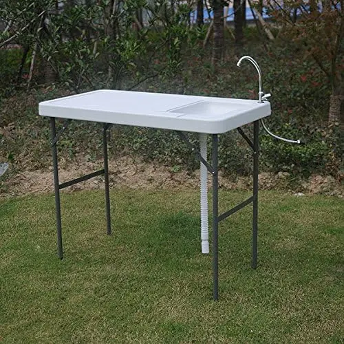 Camping Tables Outdoor Folding Fish and Game Cleaning Table w/Sink Portable and Durable Standard Garden Connection Upgraded Drai