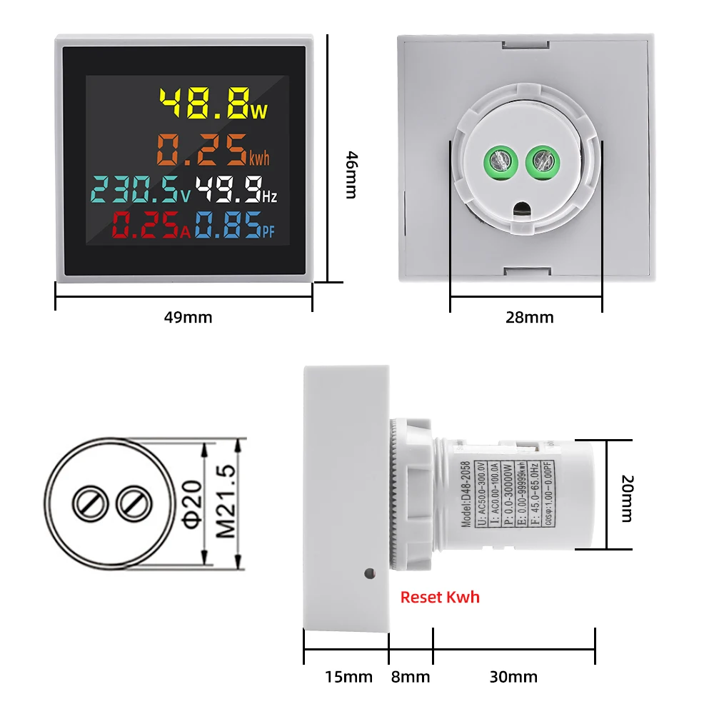 6IN1 Digital Display  Voltmeter Ammeter Current Voltage Frequency Energy Meter AC monitor 100A  KWH Signal Light lndicator 22MM