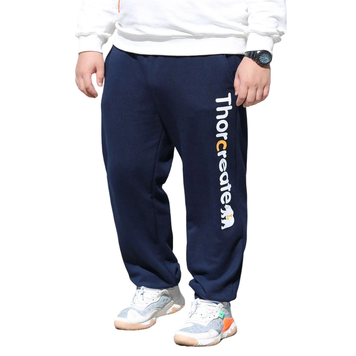 California Bear Men's Cotton Pants, Casual Plus Size Home Drawstring Pants Sports Thicken Long Trousers, Navy XL 2XL 3XL 4XL 5XL