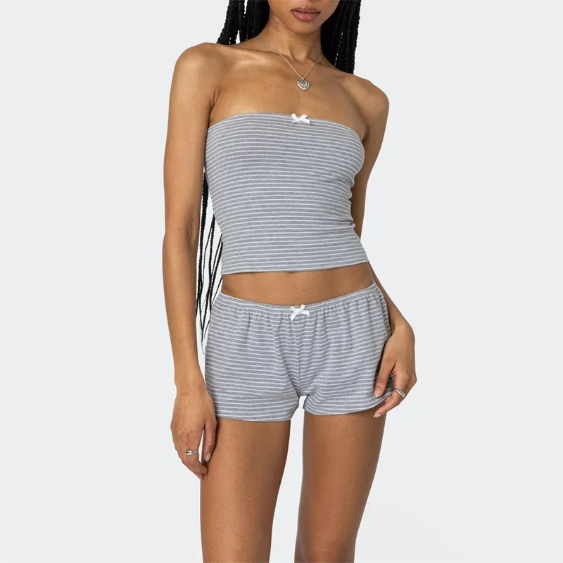 Women Two Piece Outfits Y2k Boy Shorts Set Sleeveless Striped Crop Top Button Down Shorts Set Loungewear Pajamas Set Streetwear