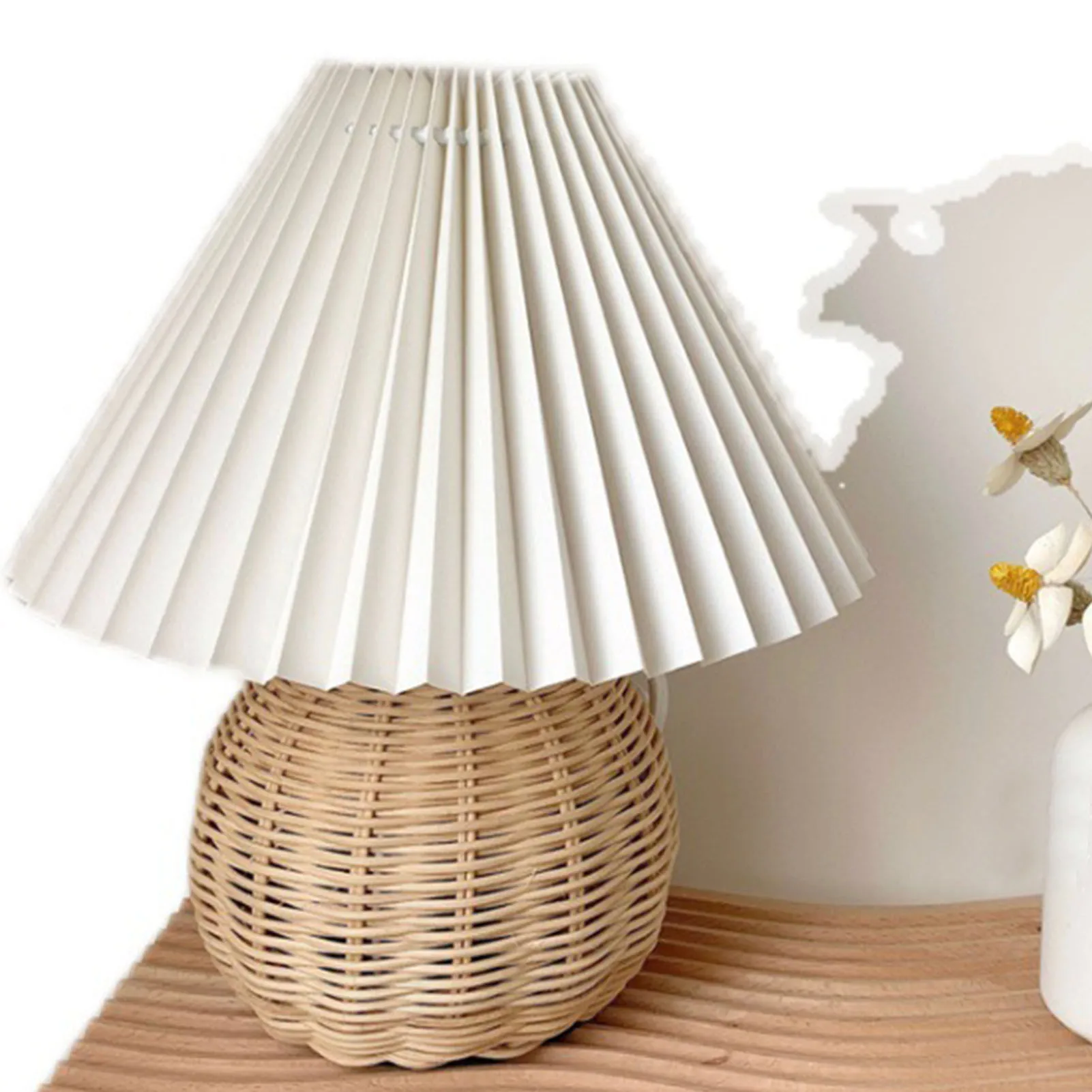 

ZK50 Small Table Lamp Bedside Bedside Table Mini Lamp Bedroom Living Room Side Table Rattan Pleated Aesthetic Retro Lamp