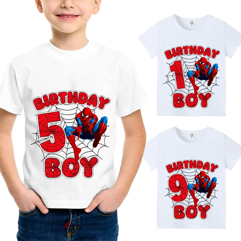 

Marvels SpiderMans T Shirts 1-9 Birthday Digit Short Sleeve Cute Cartoon Anime Tee Party Shirt with Clothes Fashion Tops Gift