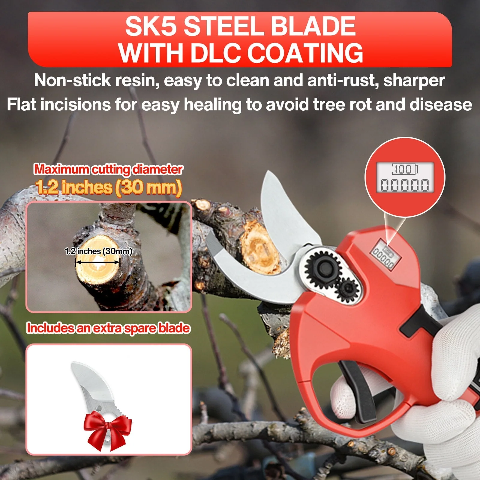 Cordless electric pruning shears, electric high pruning shears with 2-meter extension rod folding rod, cutting 30mm