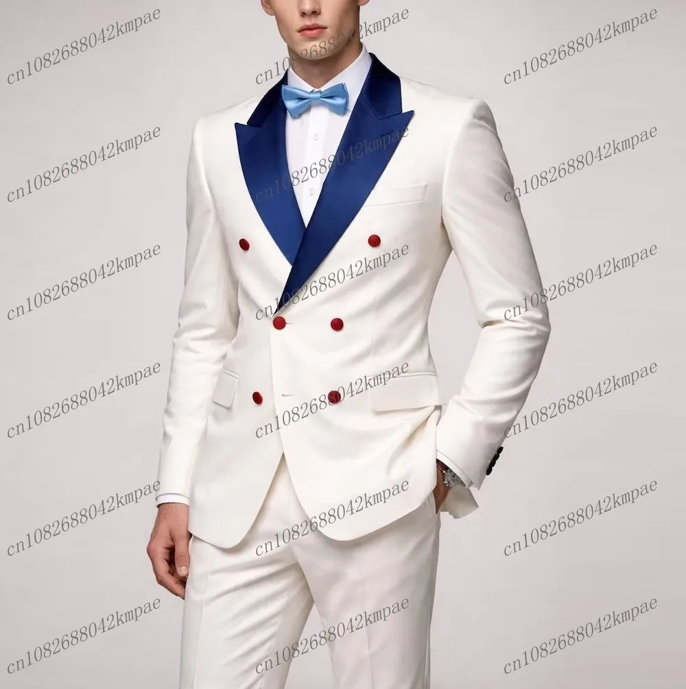 

New Blue Collar And White Men Suit Formal Groom Groomsman Wedding Party Prom Male Business Tuxedos 2 Piece Set Blazer Pants