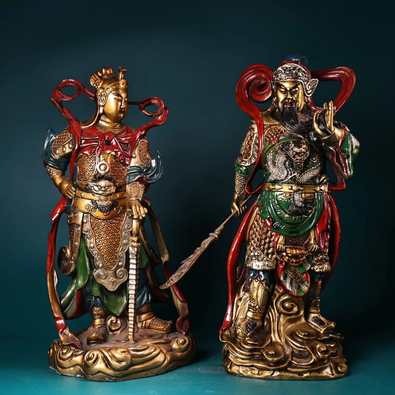 

16"Tibetan Temple Collection Old Bronze Painted Dragon Texture Veda Guan Yu Sangharama Bodhisattva Buddha Worship Hall