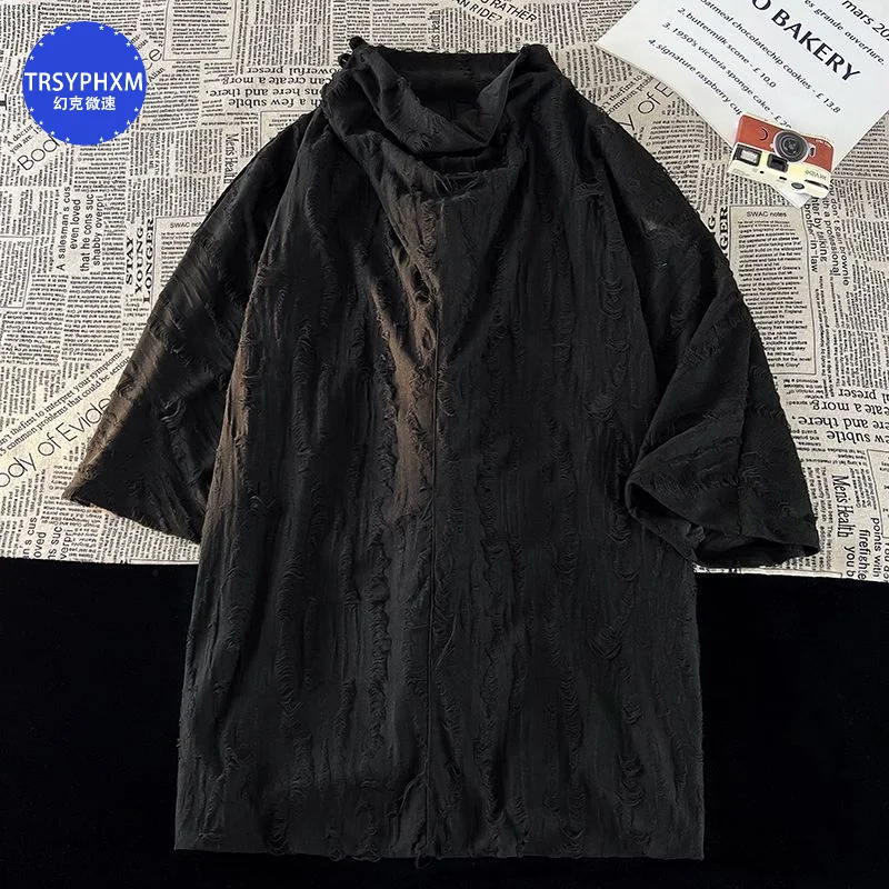 TRSYPHXM Irregular design, perforated T-shirt, men's dark style, handsome pile neck, short sleeved, loose hanging half sleeve