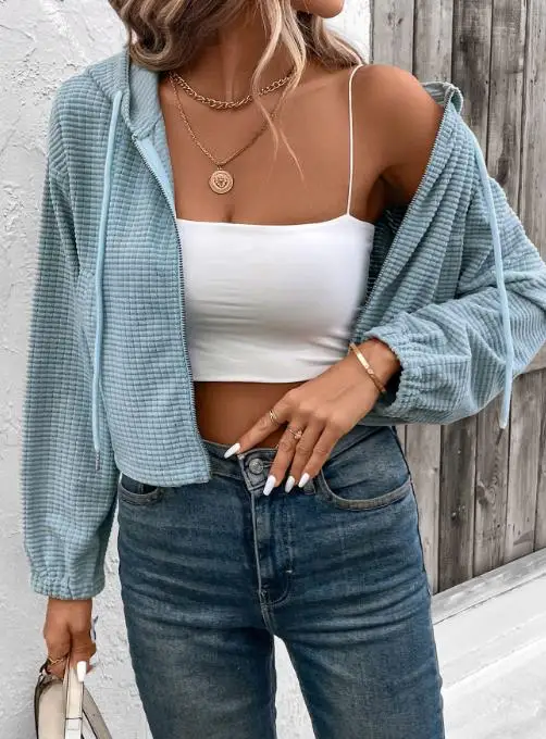 2025 New Casual Lazy Long Sleeved Textured Hooded Solid Color European and American Women's Jacket