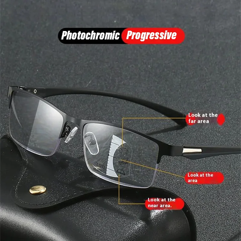 Photochrome Progressive Multifokal-Lesebrille Geschäfts-Halbrahmenbrille mit Blaulichtfilter und Nah- und Fernsichtfunktion