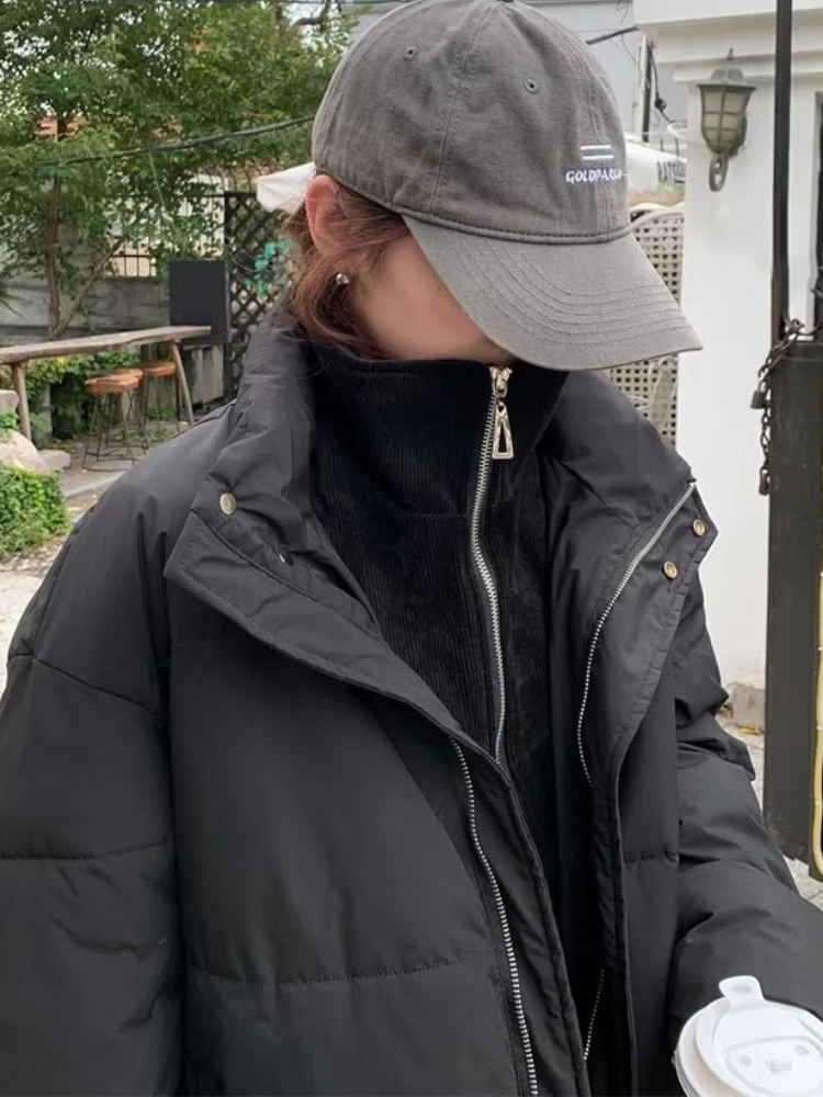 Black Short Style Parkas Women Baggy Casual Stand Thicker Warm Outwear Winter Fashion High Street All-match Comfortable Mujer