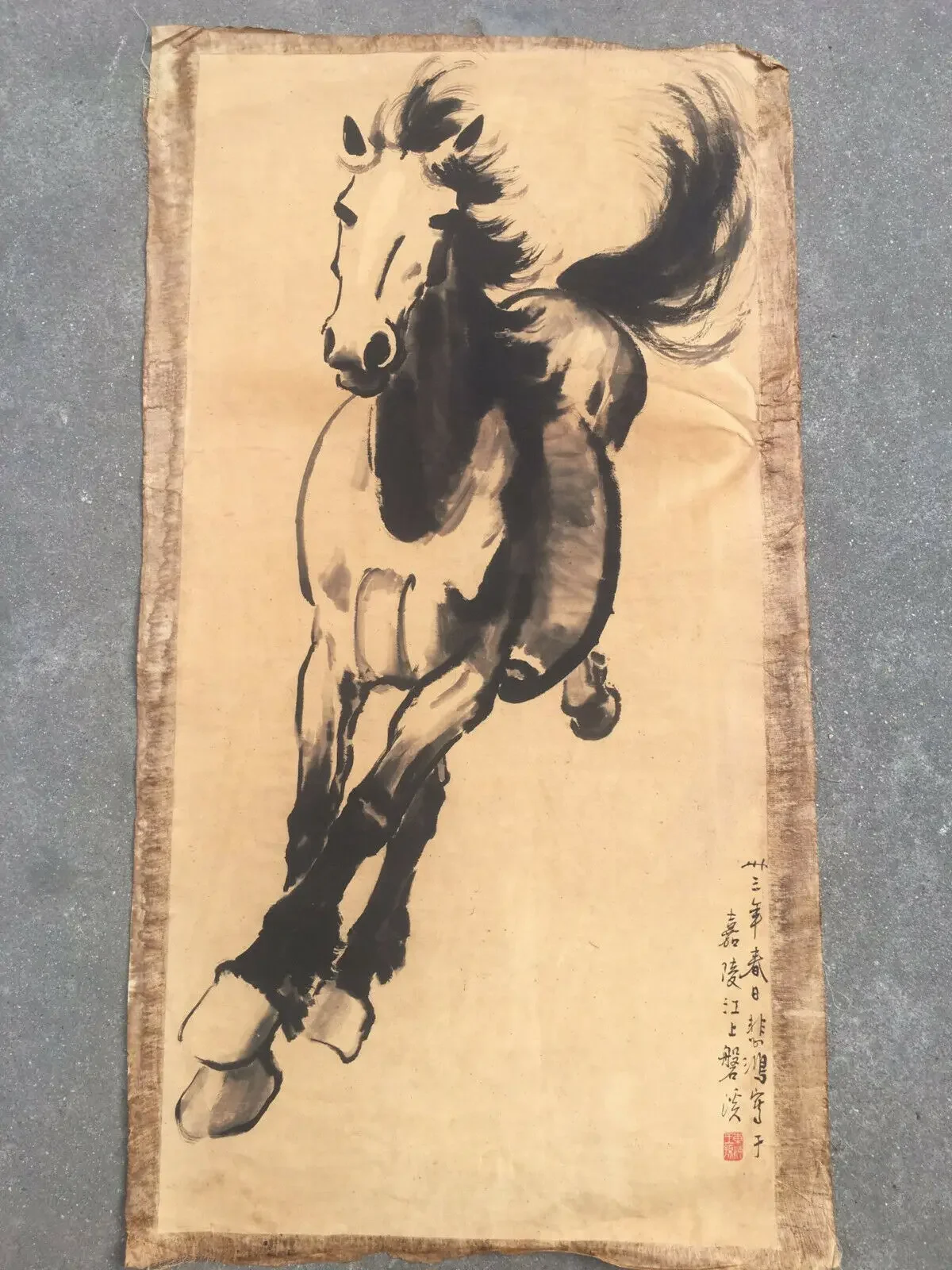 Chinese Old Scroll Xu Beihong - Galloping Horses Painting Rice Paper Painting