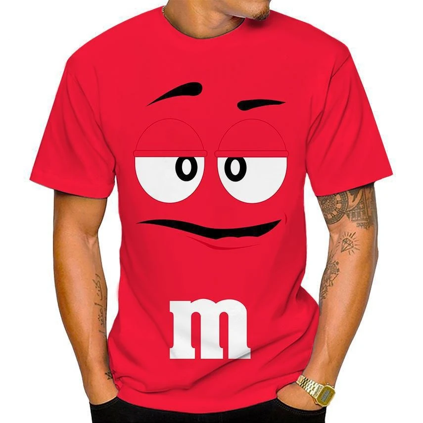 Men\'s New 2024 Fun M&M Chocolate Bean Cartoon 3D Exquisite Print Summer T-shirt Fashion Casual Short Sleeve Versatile Top