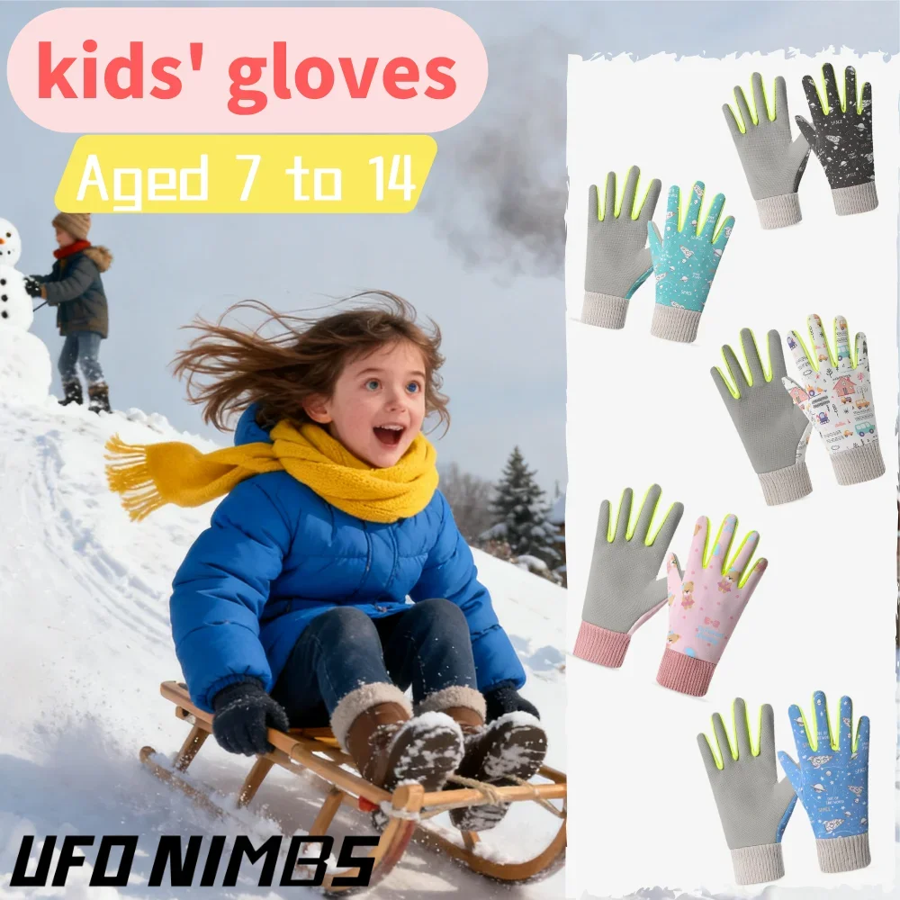 Kinderfahrradhandschuhe, Cartoon, Winter, Jungen und Mädchen, rutschfest, winddicht, wasserdicht, dick und warm, mit Schnee spielen