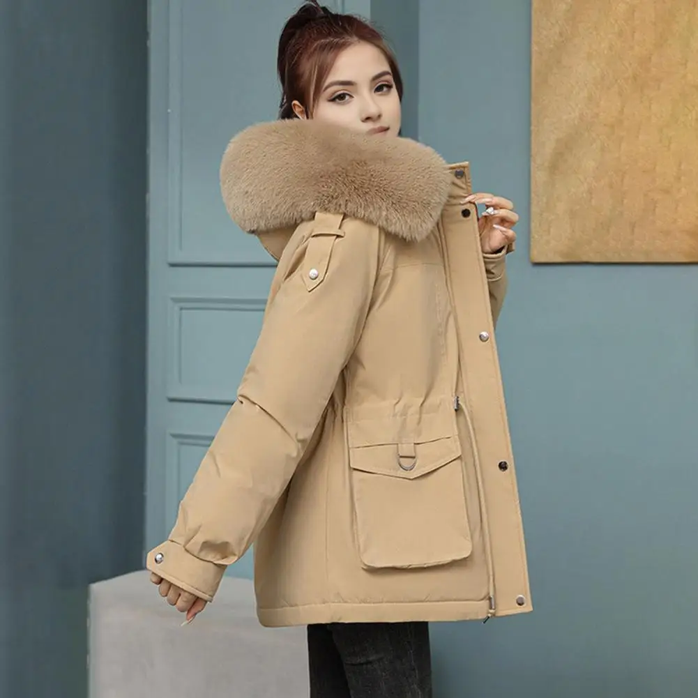 Women's Winter Coat Thick Plush With Hat Long Sleeve Pocket Drawstring Waist Zipper Windproof Coat Coat